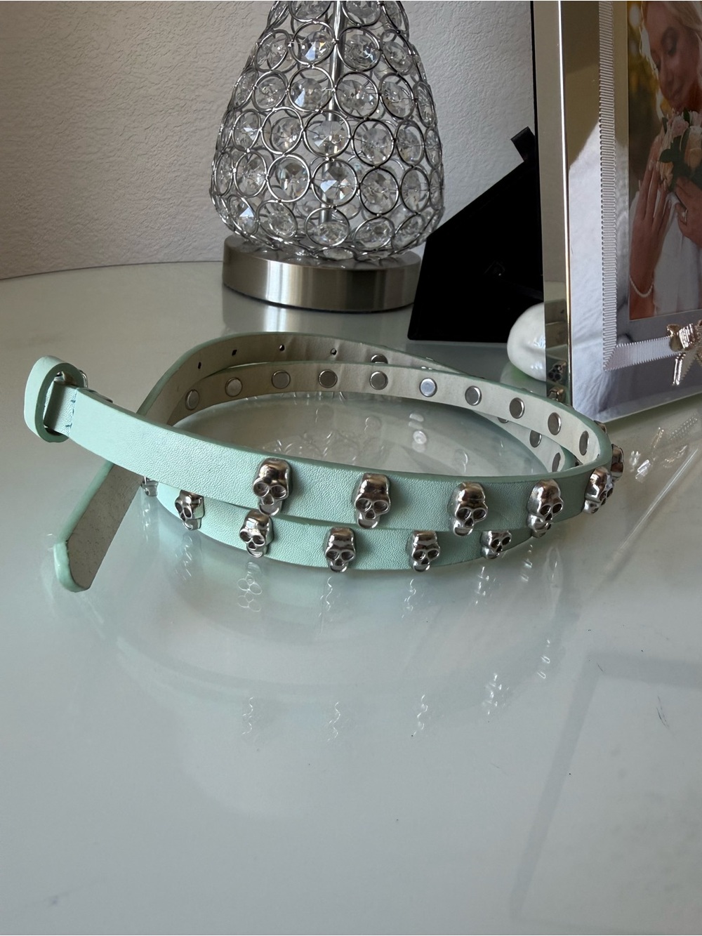 Mint Skull Stud Leather Belt - Women's Accessory 36 in